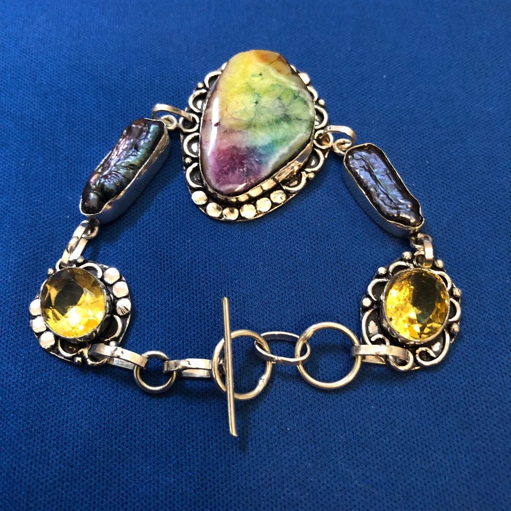 Handmade Bracelet Rainbow Solar Quartz Biwa Pearl 925 Stamped Sterling Silver